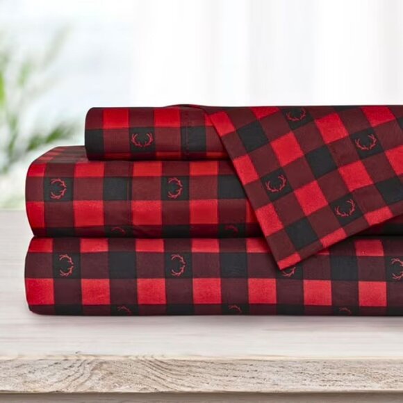 New 4 PC Buffalo Plaid with Antlers Deep Pocket Queen 100% Polyester Sheets - Picture 2 of 3